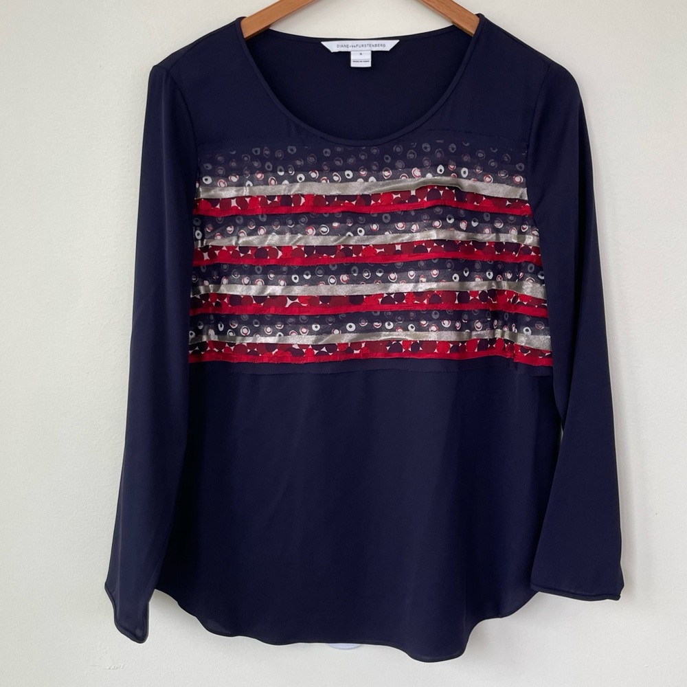 Diane Von Furstenberg 100% Silk Embellished Long Sleeve Navy Blue Blouse 8